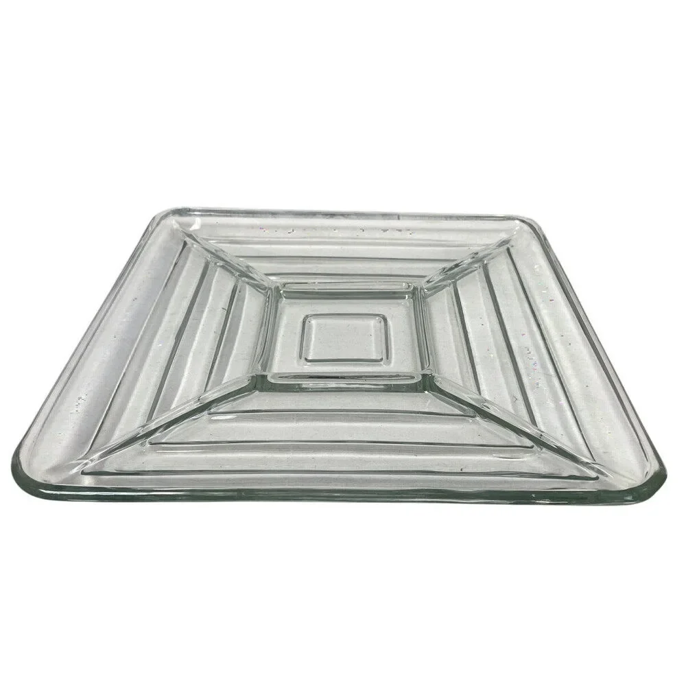 Vintage Clear Glass Divided Square Veggie Tray Platter Serving Dish Plate